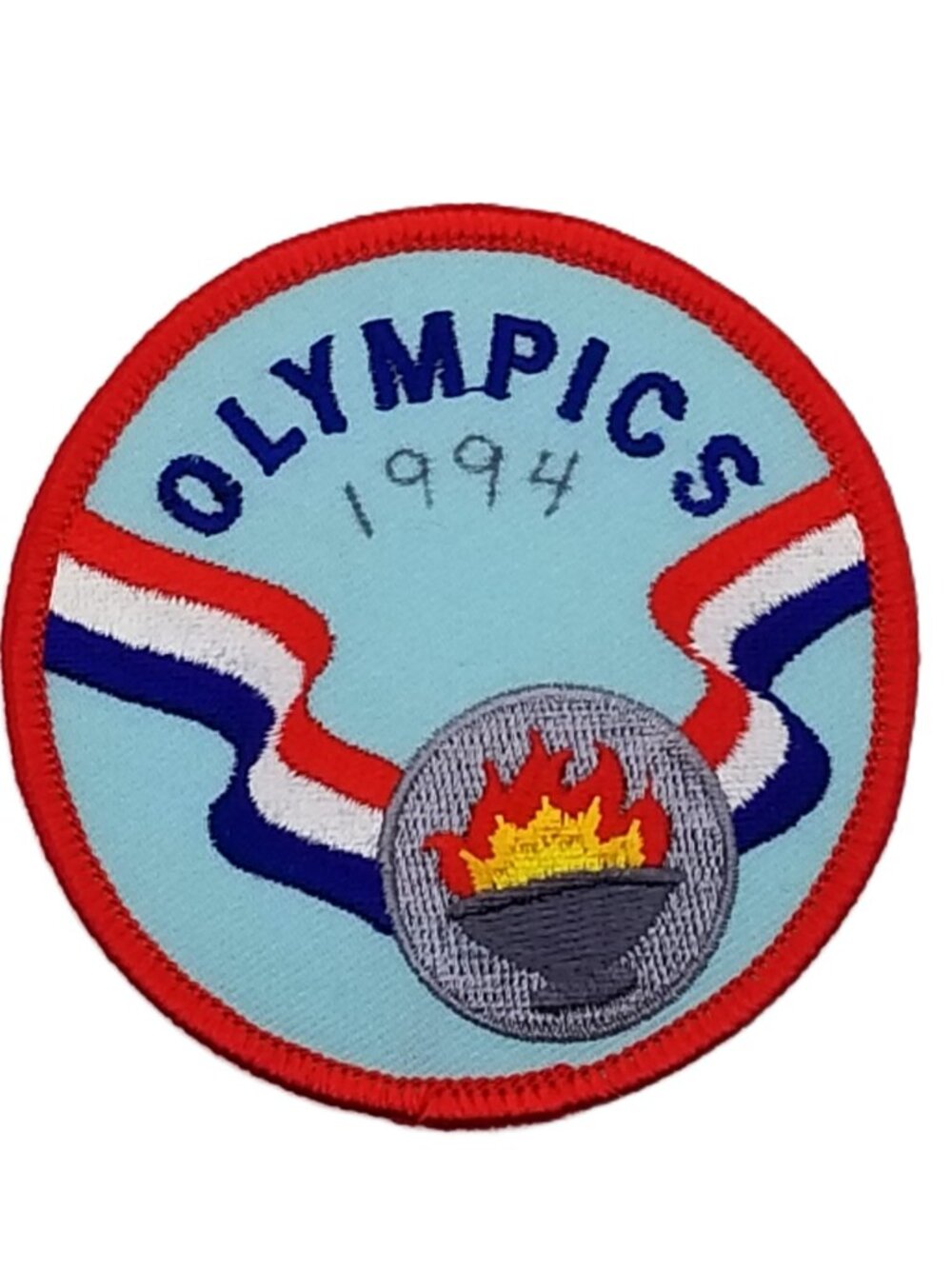 Vintage Olympics Patch Torch Flame Red White Blue Event NOS 3 Inch